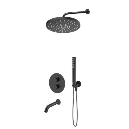 Oltens Katla set: concealed thermostatic mixer tap with Molle bath spout, featuring a 30 cm Alvo rain shower head and a Ume hand shower in matt black 36642300