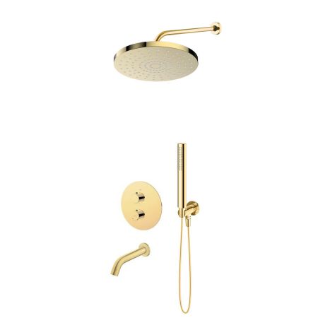 Oltens Katla set: concealed thermostatic mixer tap with Molle bath spout, featuring a 30 cm Alvo rain shower head and Ume shower head in high-gloss gold, 36642800
