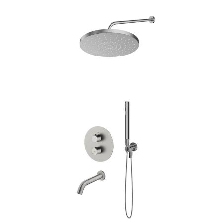 Oltens Katla Set: Thermostat-Unterputzarmatur mit Molle-Wannenauslauf mit 30 cm Alvo-Regendusche und Ume-Handbrause, Nickel 36642910