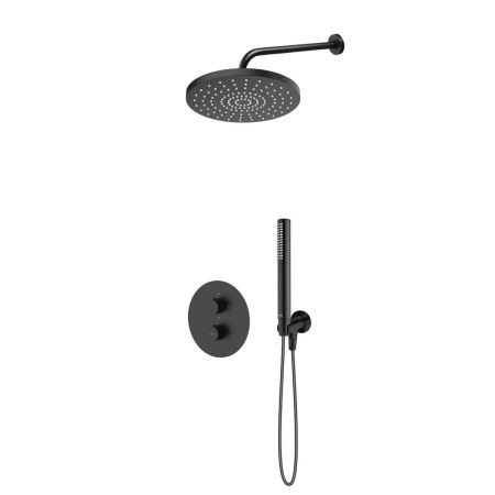 Oltens Katla-Set: Thermostat-Unterputzarmatur mit 25-cm-Pluva-Regendusche und Ume-Handbrause, mattschwarz, 36647300