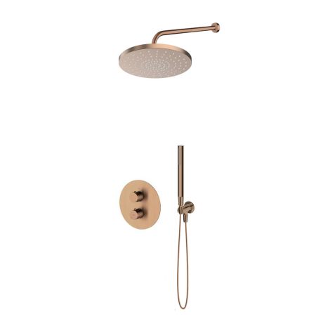 Sada Oltens Katla – podomítková termostatická baterie s dešťovou hlavicí Pluva (25 cm) a ruční sprchou Ume, broušená měď, 36647610