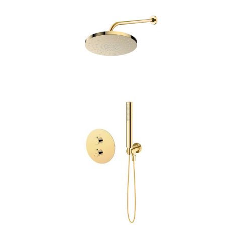 Oltens Katla Set: Thermostat-Unterputzarmatur mit 25 cm Pluva-Regenduschkopf und Ume-Handbrause, goldglänzend 36647800