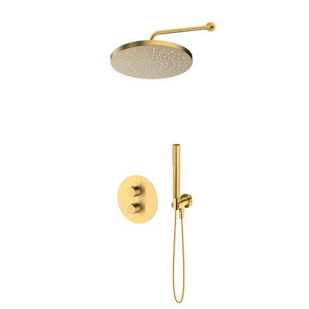 Oltens Katla set: concealed thermostatic mixer with 30 cm Alvo rain shower head and Ume shower head, brushed gold, 36648810