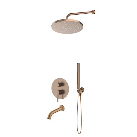 Oltens Molle set: concealed mixer tap with bath spout, featuring a 25 cm Pluva rain shower head and a Ume hand shower in brushed copper, 36652610