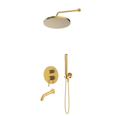 Oltens Molle-Set: Unterputzarmatur mit Wannenauslauf, 25 cm Pluva-Regendusche und Ume-Handbrause, gebürstetes Gold, 36652810
