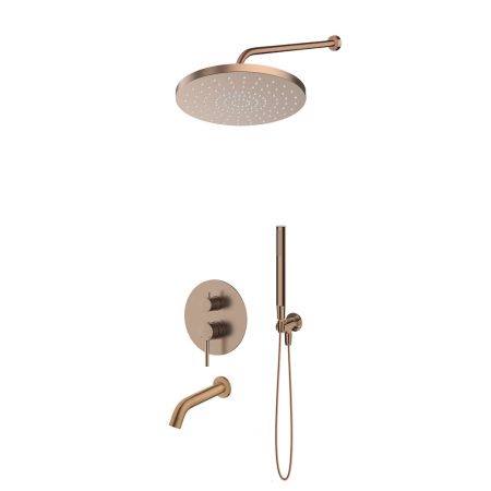 Oltens Molle set: concealed tap with bath spout, featuring a 30 cm Alvo rain shower head and a Ume hand shower in brushed copper, 36653610