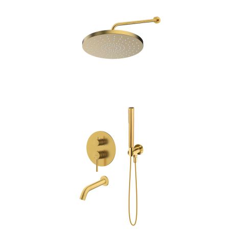 Oltens Molle set: concealed mixer tap with bath spout, featuring a 30 cm Alvo rain shower head and Ume hand shower in brushed gold 36653810