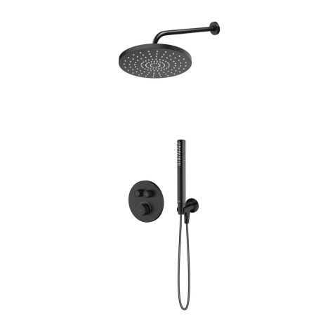 Zestaw Oltens Onega bateria wannowo-prysznicowa podtynkowa termostatyczna z deszczownicą 25 cm Pluva i kompletem prysznicowym Ume czarny mat 36655300