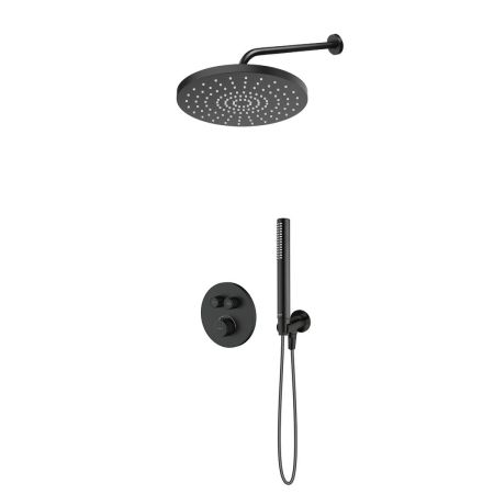 Zestaw Oltens Onega bateria wannowo-prysznicowa podtynkowa termostatyczna z deszczownicą 30 cm Alvo i kompletem prysznicowym Ume czarny mat 36656300