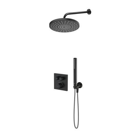Zestaw Oltens Onega (S) bateria wannowo-prysznicowa podtynkowa termostatyczna z deszczownicą 25 cm Pluva i kompletem prysznicowym Ume czarny mat 36657300