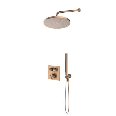 Zestaw Oltens Onega (S) bateria wannowo-prysznicowa podtynkowa termostatyczna z deszczownicą 25 cm Pluva i kompletem prysznicowym Ume miedź szczotkowana 36657610