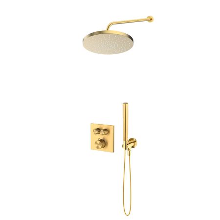 Zestaw Oltens Onega (S) bateria wannowo-prysznicowa podtynkowa termostatyczna z deszczownicą 25 cm Pluva i kompletem prysznicowym Ume złoty połysk 36657800