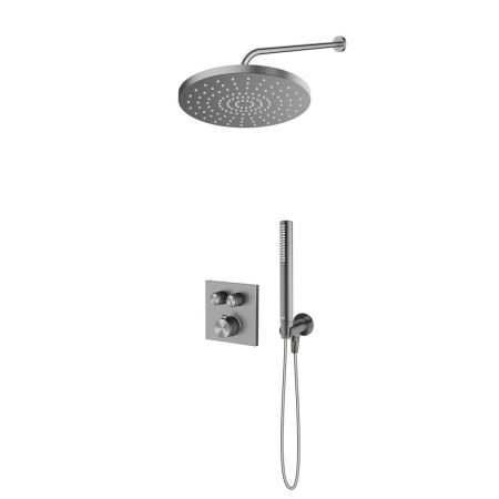 Zestaw Oltens Onega (S) bateria wannowo-prysznicowa podtynkowa termostatyczna z deszczownicą 30 cm Alvo i kompletem prysznicowym Ume grafit 36658400