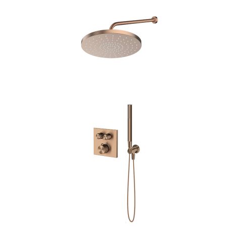 Zestaw Oltens Onega (S) bateria wannowo-prysznicowa podtynkowa termostatyczna z deszczownicą 30 cm Alvo i kompletem prysznicowym Ume miedź szczotkowana 36658610