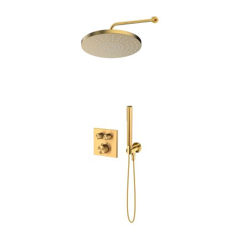 Zestaw Oltens Onega (S) bateria wannowo-prysznicowa podtynkowa termostatyczna z deszczownicą 30 cm Alvo i kompletem prysznicowym Ume złoto szczotkowane 36658810