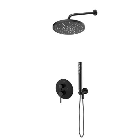 Zestaw Oltens Rann bateria wannowo-prysznicowa podtynkowa z deszczownicą 25 cm Pluva i kompletem prysznicowym Ume czarny mat 36659300
