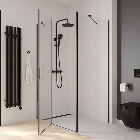 Oltens Verdal shower enclosure 80x90 cm rectangular door with a fixed wall matte black/transparent glass 20220300