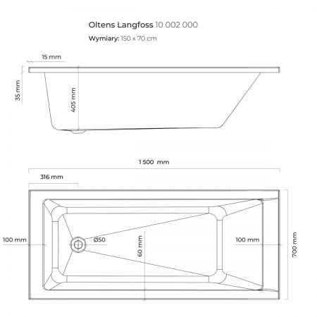 Oltens Langfoss wanna prostokątna 150x70 cm akrylowa biała 10002000