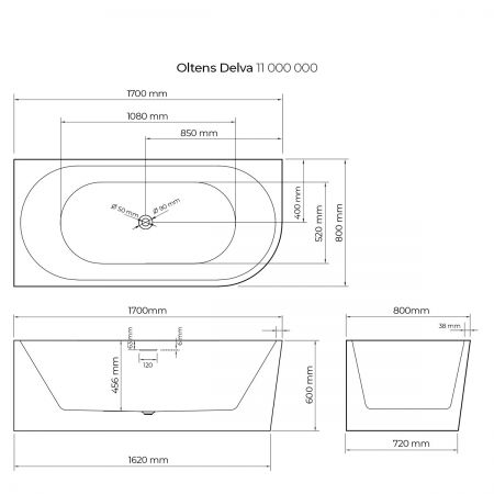 Oltens Delva free-standing corner bathtub 170x80 cm, left, white 11000000