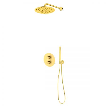 Zestaw Oltens Katla bateria podtynkowa termostatyczna z deszczownicą 30 cm Vindel i kompletem prysznicowym Ume złoto szczotkowane 36608810