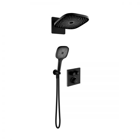 Oltens Onega (S) concealed bath and shower mixer set with Vann (S) rain shower head and Havis EasyClick (S) 3-function hand shower, black matte 36060300