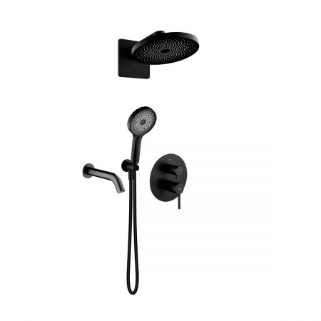 Oltens Rann concealed bath and shower mixer set with Vann rain shower head and Havis EasyClick 3-function hand shower, matte black 36074300