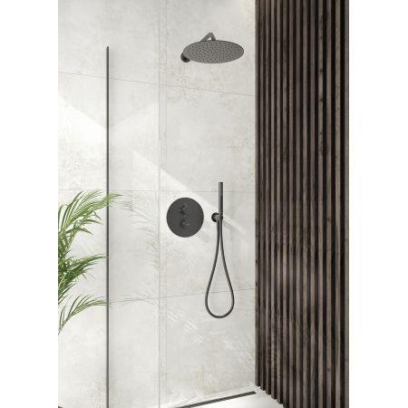 Zestaw Oltens Onega (S) bateria podtynkowa termostatyczna z deszczownicą 30 cm Vindel  i kompletem prysznicowym Ume grafit 36620400