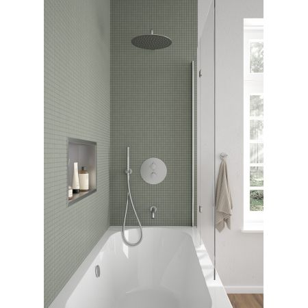 Zestaw Oltens Katla bateria podtynkowa termostatyczna z wylewką wannową Molle z deszczownicą 30 cm Vindel i kompletem prysznicowym Ume nikiel 36611910