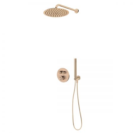 Zestaw Oltens Onega bateria wannowo - prysznicowa podtynkowa z deszczownicą 30 cm Vindel  i kompletem prysznicowym Ume miedź szczotkowana 36617610