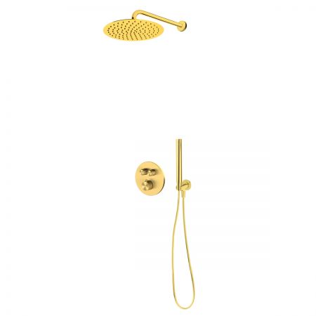 Zestaw Oltens Onega bateria wannowo prysznicowa podtynkowa z deszczownicą 30 cm Vindel  i kompletem prysznicowym Ume złoto szczotkowane 36617810