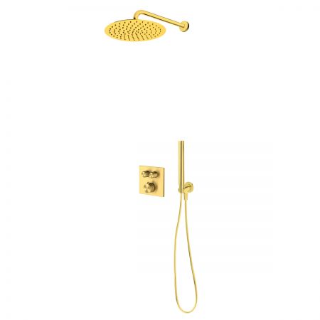 Zestaw Oltens Onega (S) bateria podtynkowa termostatyczna z deszczownicą 30 cm Vindel  i kompletem prysznicowym Ume złoto szczotkowane 36620810