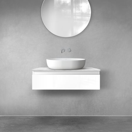 Zestaw Oltens Vernal szafka 80 cm podumywalkowa wisząca z blatem Tera biały połysk/jasny marmur 68707000