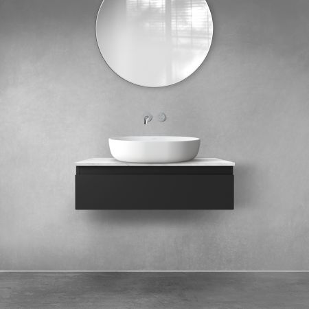 Zestaw Oltens Vernal szafka 80 cm podumywalkowa wisząca z blatem Tera czarny mat/jasny marmur 68707300