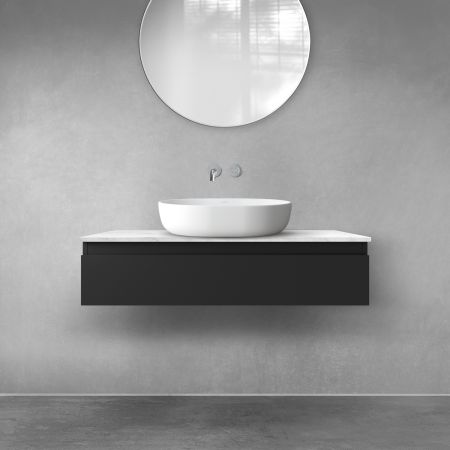 Zestaw Oltens Vernal szafka 100 cm podumywalkowa wisząca z blatem Tera czarny mat/jasny marmur 68708300