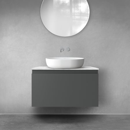 Zestaw Oltens Vernal szafka 80 cm podumywalkowa wisząca z blatem Tera grafit mat/jasny marmur 68711400