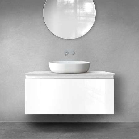 Zestaw Oltens Vernal szafka 100 cm podumywalkowa wisząca z blatem Tera biały połysk/jasny marmur 68712000