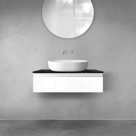 Zestaw Oltens Vernal szafka 80 cm podumywalkowa wisząca z blatem Tera biały połysk/czarny marmur 68715000