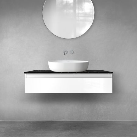 Zestaw Oltens Vernal szafka 100 cm podumywalkowa wisząca z blatem Tera biały połysk/czarny marmur 68716000