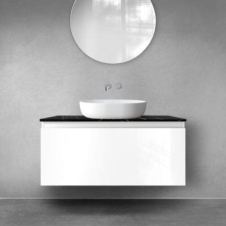 Zestaw Oltens Vernal szafka 100 cm podumywalkowa wisząca z blatem Tera biały połysk/czarny marmur 68720000