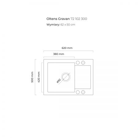 Oltens Gravan žulový jednokomorový dřez s krátkým odkapávačem 62 x 50 cm, matná černá 72102300