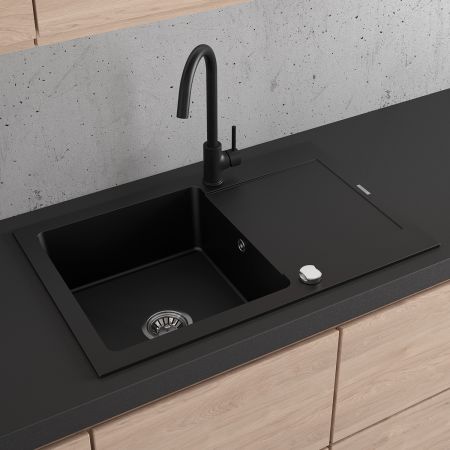 Oltens Gravan one-bowl granite sink with a short drainer 79x50 cm black matt 72100300